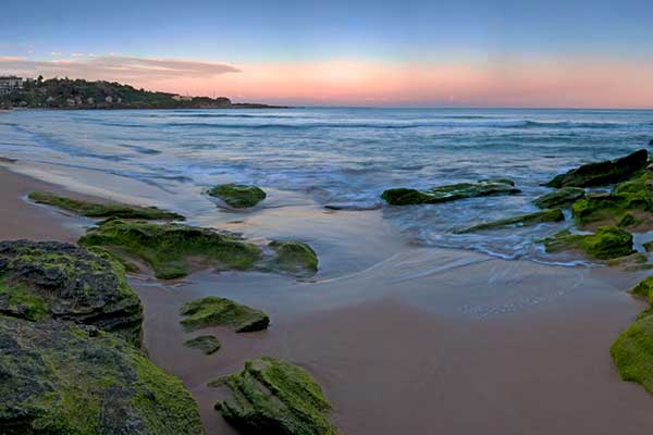 Freshwater Beach Sydney with surfers and surrounding headlands