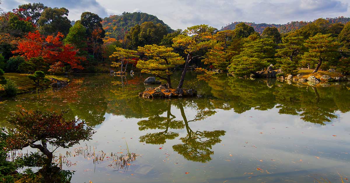 Traditional Japanese garden in Kyoto with moss, trees, stones and carefully landscaped paths