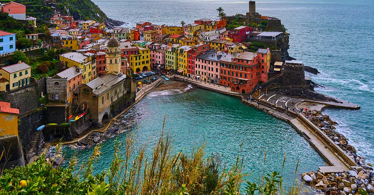 Hiking trail overlooking the colourful villages and coastline of Cinque Terre