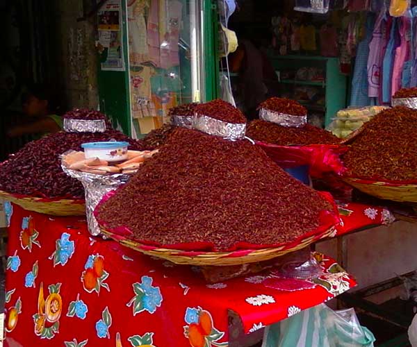 Chapulines and traditional Oaxacan ingredients at Mercado Benito Juárez