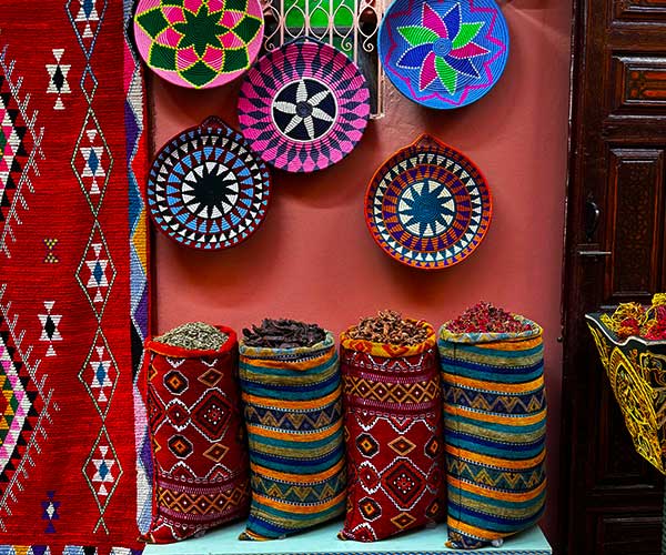 Traditional colourful market products in Marrakech