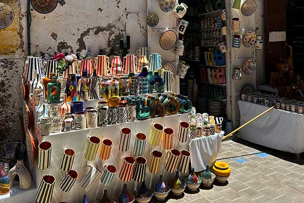 Traditional Moroccan market street with colourful goods