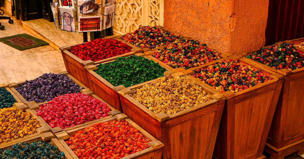Colourful traditional Moroccan market in Marrakech