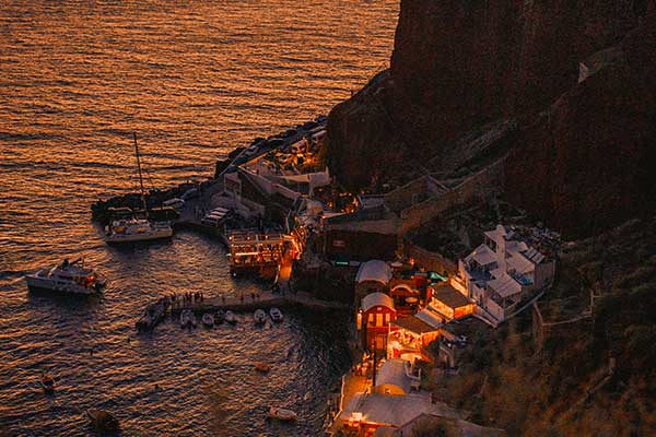 Santorini coastline and sea at sunset
